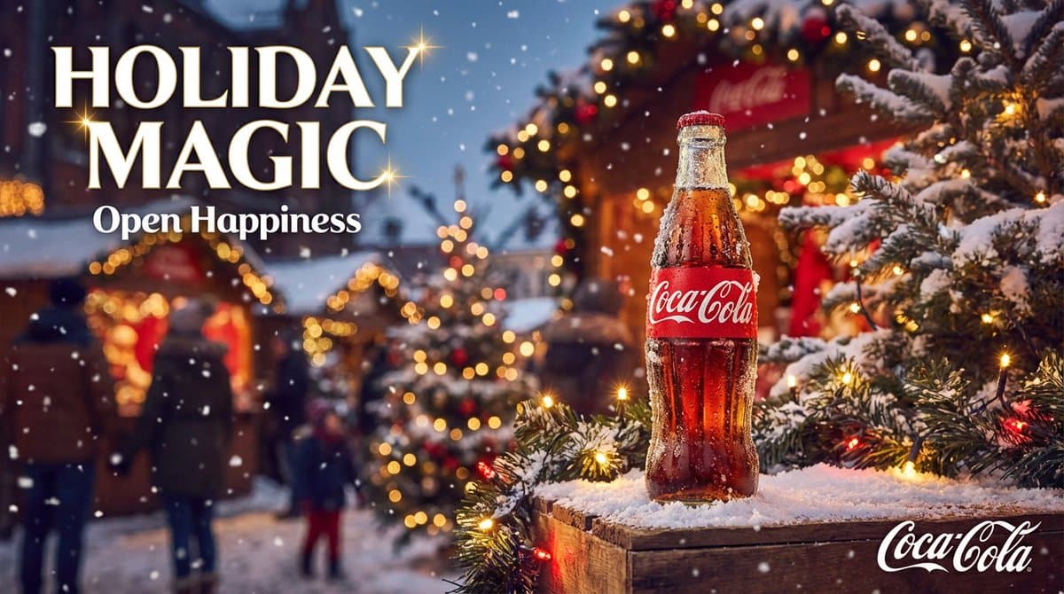 A cinematic Christmas Coca-Cola scene filled with festive lights, snow, and h...