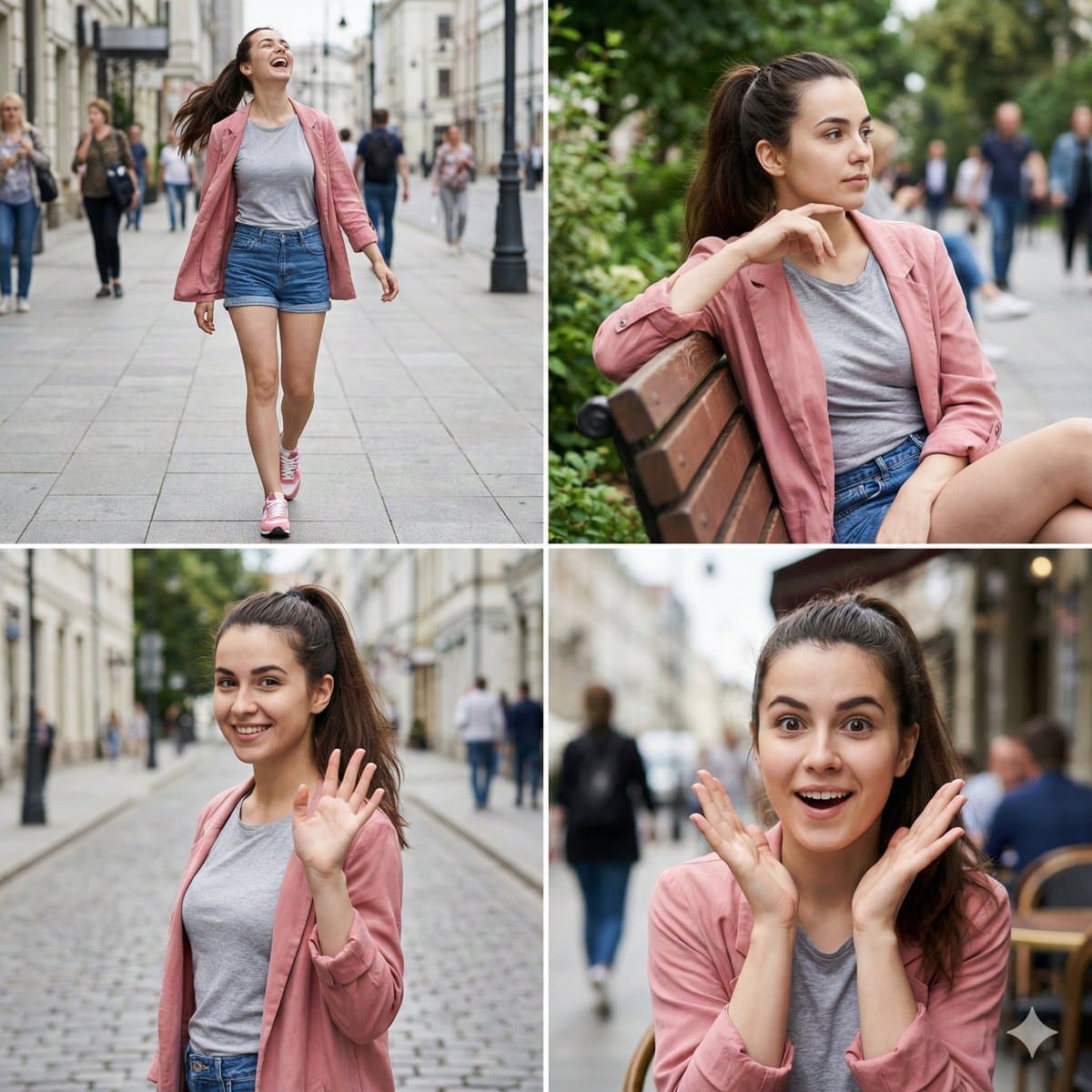 A real-life young woman with dark brown hair in a high ponytail, resembling t...