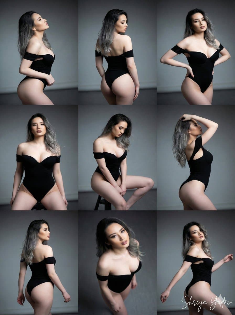 In a 3x3 grid, show this character in different angles, keep the scene same, Random poses.