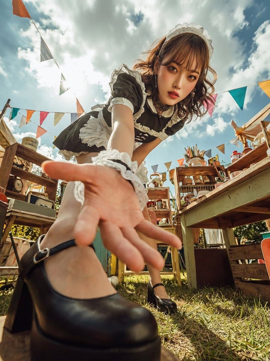 Transform the original photo into a dramatic, photorealistic, ultra wide-angle shot with an extreme camera angle (including views from directly below or above), where one or more body parts are right next to the lens and look huge, the rest of the body recedes in perspective, and the same person strikes a stylish, complex, powerful pose in a consistent, expanded version of the original environment.
